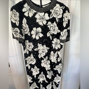 Floral Black and White Vintage Sequins and Beaded Dress size 10